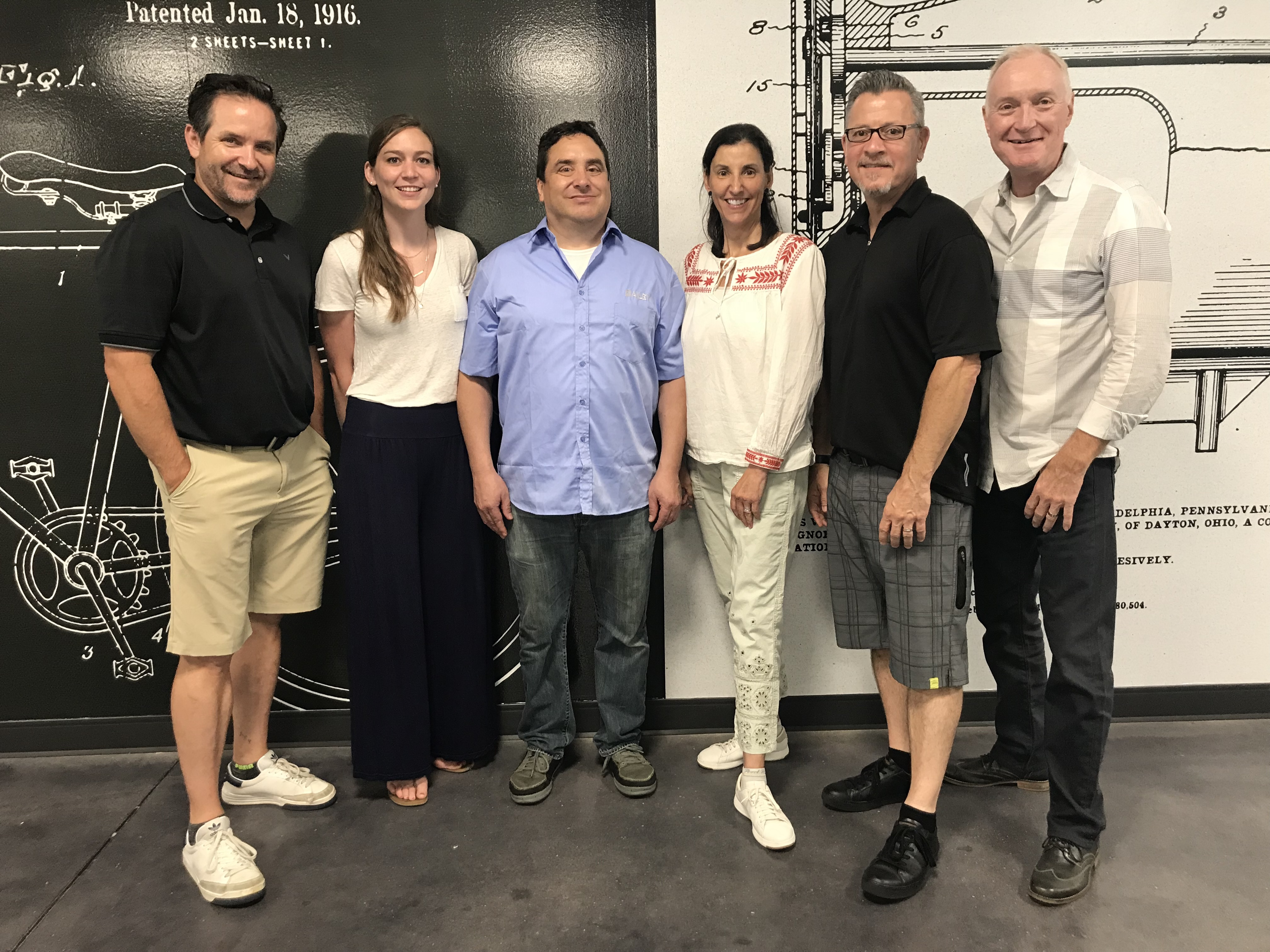 Huffy has hired 26 new employees in 2018 as it launches new brands, including the Batch Bicycles staff. Left to right: Bruno Maier, Kristina Borchert, Joe Atocha, Dorothy Pacheco, Chris Keller and Huffy president and CEO Bill Smith.