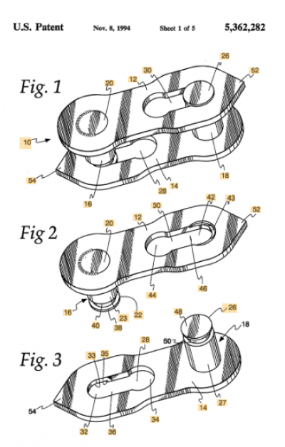 Drawings from Robert Lickton's patent on a reusable master link. 