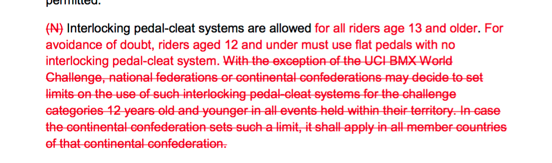 The text of the new UCI rule, which prevents national federations from setting their own clipless rules.