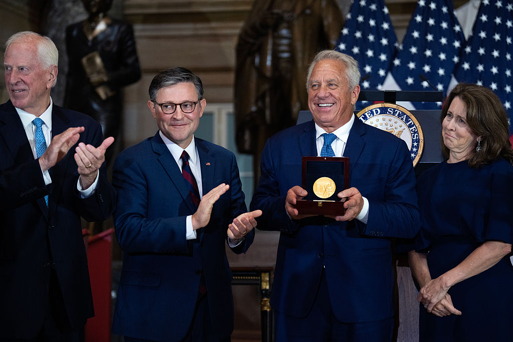 (l to r) Rep. Thompson, Speaker Johnson, Greg LeMond and Kathy LeMond. Tom Williams/CQ-Roll Call, Inc via Getty Image