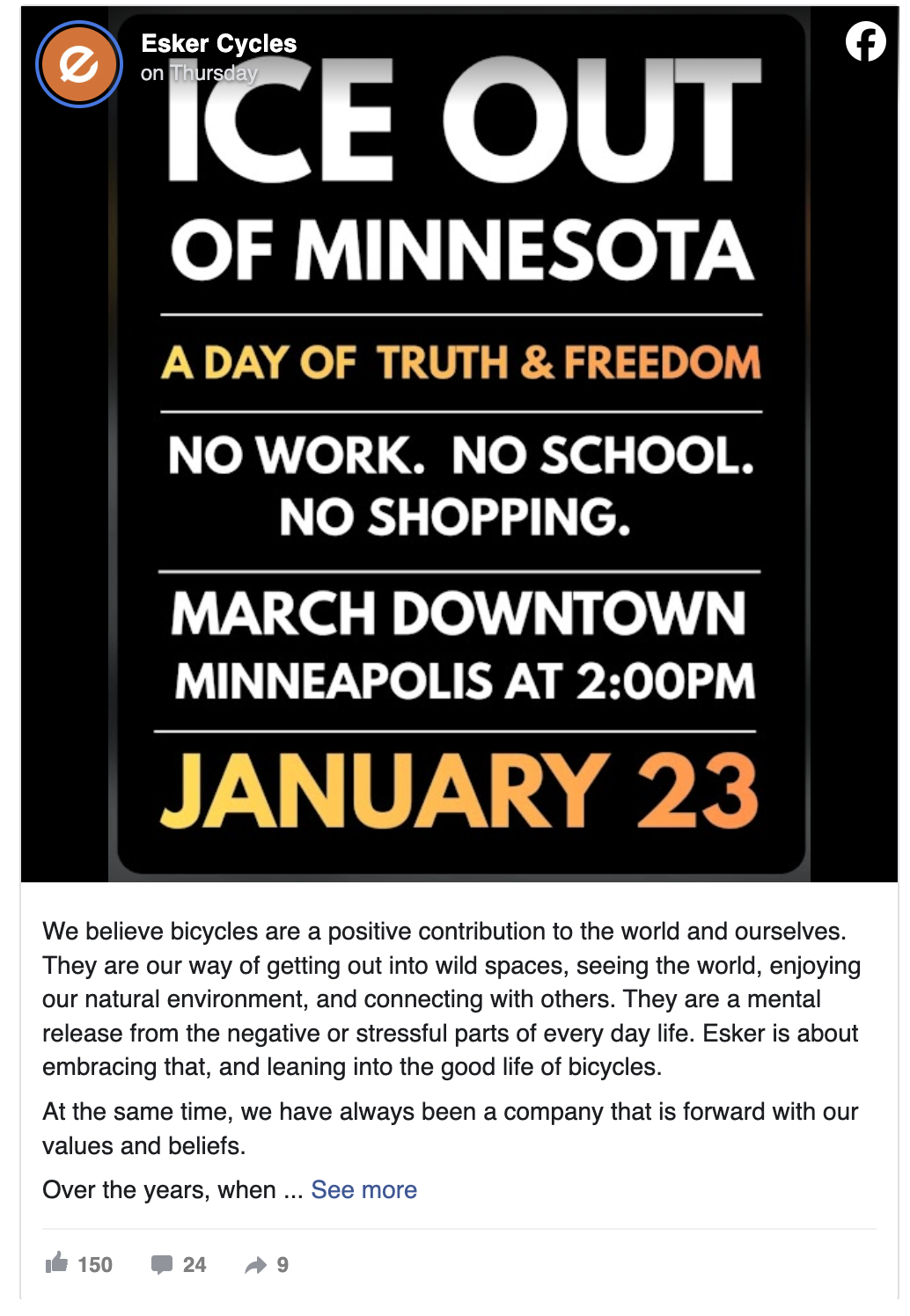 Screenshot of Esker Bikes Facebook post. Screenshot of Esker Bikes Facebook post.