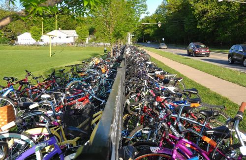 Packed bike parking outside a school during last year's chalenge.