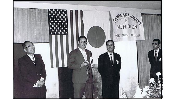 Maruka Machinery Co. in Japan hosted a “Sayonara Party” for Cohen in May 1971 after his lengthy stay developing bicycles and components for the American Eagle and Nishiki bicycle lines and West Coast Cycle’s parts and accessories programs. Left to right: Yukio Kawamura (Higesan), president of Kawamura Cycles; Howie Cohen; and Okamoto-san & Otsuka-san, both from Maruka. 