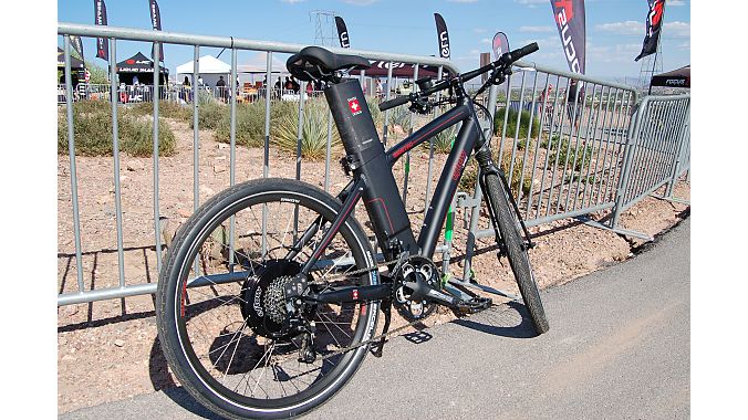 The Swiss designed eFlow electric bike caught some eyes at the Currie Technologies booth. Currie is distributing the 500-watt pedal assist bike in the U.S.  under an agreement from its Taiwanese manufacturer Fairly Bikes. Photo: Nicole Formosa