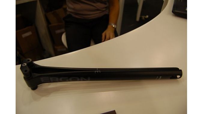 Ergon was on hand with its new split spring carbon fiber seatpost. The springs allow for 12 to 15 mm of travel, adding comfort to the lighter, stiffer race bikes on the road today. Retail is $250.