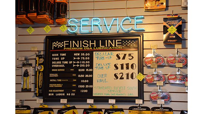 Bicycle South features a vintage Finish Line service menu.