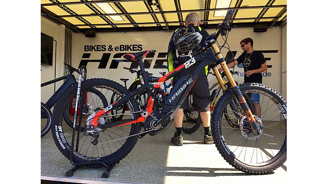 Haibike's 200-millimeter-travel e-bike turned heads at Demo Day. While Haibike does have a long-travel downhill bike in production in Europe, this version was built for German rider Guido Tschugg, who is the company's first gravity racer.
