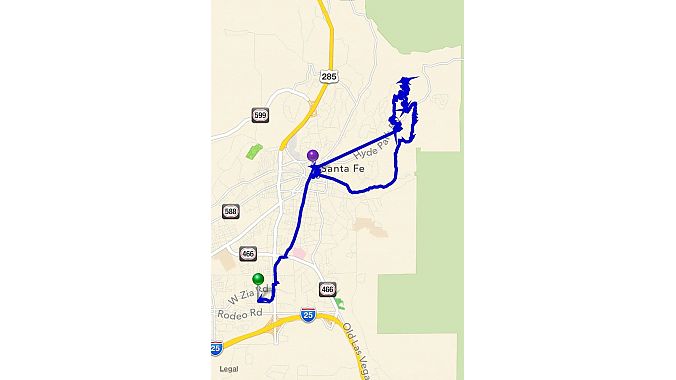 The map of a ride as shown on a phone after a ride is completed. Notice the markers for where photos were taken. On this ride, I mistakenly had the GPS turned off on my phone, so the mapping is imprecise. 
