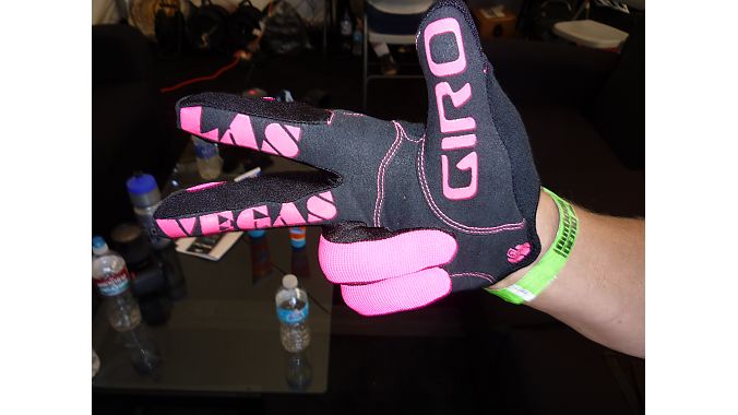 Interbike show director and part-time hand model Pat Hus shows off his custom mitts. Photo: Jill Janov