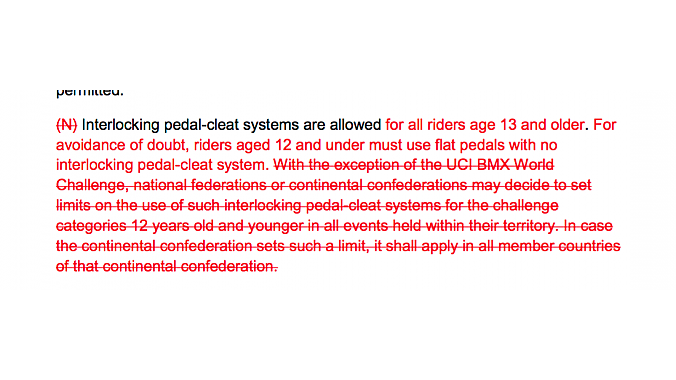 The text of the new UCI rule, which prevents national federations from setting their own clipless rules.