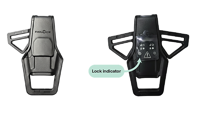 Recalled buckle, left, and replacement buckle.