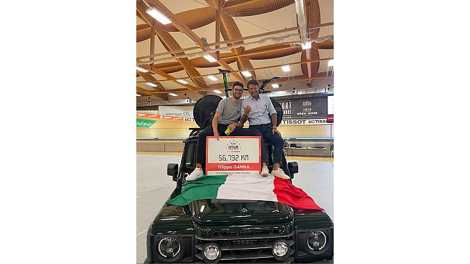Filippo Ganna and Fausto Pinarello after Ganna set a new world hour record this month.
