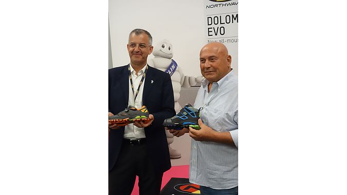 Michelin operating manager Ambrogio Merlo (left) and Northwave's founder and president Gianni Piva at Eurobike Wednesday.