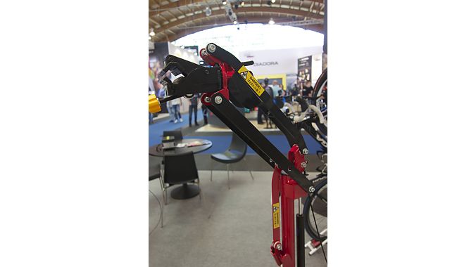 With all the e-bikes on display at Eurobike, vendors are also showing repair stands for the hefty bikes. This Minoura W150 is one of the simpler designs.