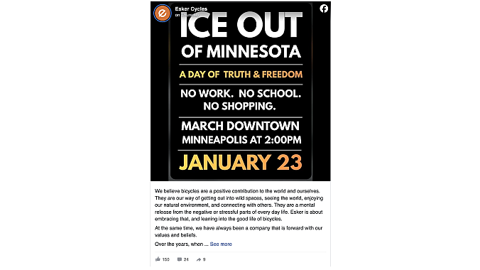 Screenshot of Esker Bikes Facebook post. Screenshot of Esker Bikes Facebook post.