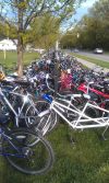 Overflow bike parking on Bay Middle School’s front fence.